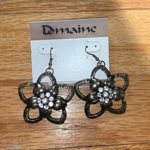 Gold Flower Earrings with Rhinestone Center
